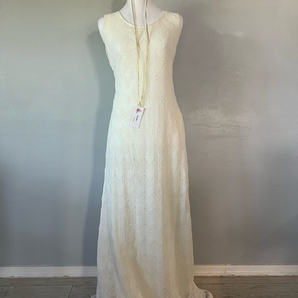 Elegant Cream Sleeveless Crochet and Sequin Dress